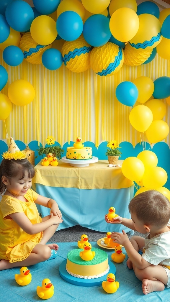 Duck-Themed 2nd Birthday Party Ideas Duck-themed birthday party with decorations, cake, and children playing.